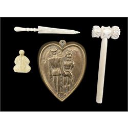 19th century carved ivory Gavel, miniature carved bone Parasol, 19th century Japanese carved ivory figure together with a novelty Dutch bronze heart shaped ashtray (4)