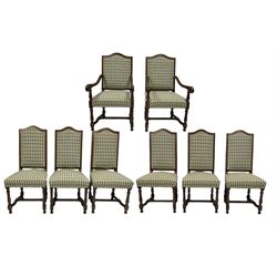 Set eight (6+2) oak dining chairs with upholstered seats and backs, raised on turned supports, united by a stretcher 