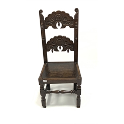 19th century oak Wainscot chair, with scroll carved back rails, panelled seat, raised on turned and block supports united by stretchers, W47cm