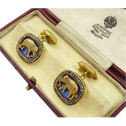 Fabergé pair of 14ct gold blue enamel and diamond elephant cufflinks, with bear toggle backs, the reverse stamped HW for workmaster Henrik Wigström and 56 zolotnik, in original fitted box  