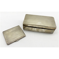 Silver rectangular cigarette box with engine turned cover engraved with initials L16.5cm Birmingham 1930/31 Maker Northern Goldsmiths and an engine turned silver cigarette case with gilded interiorf Birmingham 1946