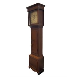 A compact oak cased longcase clock with a 30hr chain driven movement retailed by G. Green , Lincoln, c1820, hood with a flat top, broad cornice and blind frieze, 12” square painted dial flanked by two detached pillars and brass capitals, long trunk door with a wavy top on  a square plinth with a raised moulding and decorative skirting, dial painted with upright wavy Arabic numerals, minute track, and floral spandrels, with a semi-circular date aperture and non-matching stamped brass hands. With pendulum and weight.

