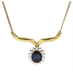 14ct gold oval sapphire and round brilliant cut diamond cluster pendant necklace, stamped