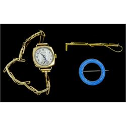 8ct gold riding crop bar brooch, marked 333, Rotary 9ct gold manual wind wristwatch on 9ct gold expanding strap, stamped 9 375, and a silver guilloche enamel brooch