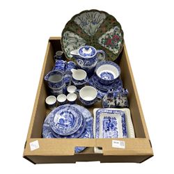 Spode Italian coffee ware, other blue and white ceramics, pair of Masons vases, Chinese charger etc in one box