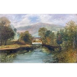 English School (Early 20th century): Highland River Landscape with Bridge, oil on board indistinctly signed 29cm x 44cm