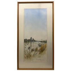 Robin Cook (Australian 20th Century): 'Brisbane City and Gardens from Kangaroo Point Cliffs', set of three watercolour and ink drawings one signed titled and dated 1994, one with artist letter attached verso 72cm x 31cm (3) 