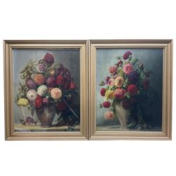 English School (British 19th century): Still Life of Flowers in a Vase, pair oils on board unsigned 55cm x 45cm (2)