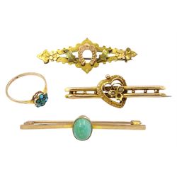 Two Victorian gold bar brooches, turquoise cluster ring and a cabochon green stone set brooch, all 9ct stamped or hallmarked