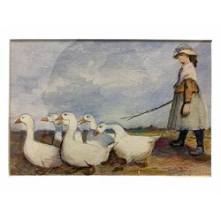 English School (20th century): Goose Girl, watercolour and pen unsigned 15cm x 23cm