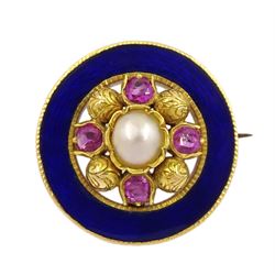 Early 20th century gold pearl, synthetic ruby and blue enamel circular brooch