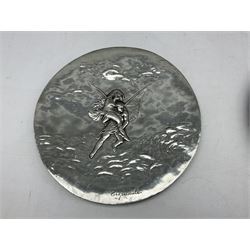 Pair of French pewter Etain Garanti plates with relief showing Dawn and Dusk