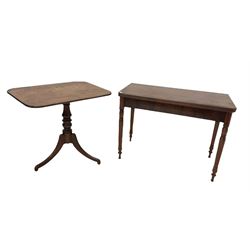 19th Century mahogany tea table, the fold over revolving top raised on turned supports (W105cm) with a mahogany pedestal table of the same period, the tilt top over turned column raised on splayed supports (W84cm)