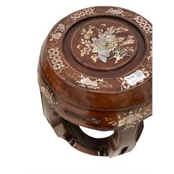 20th century Chinese hardwood and mother of pearl inlaid stand, inlaid with floral design, circular bulbous form with pierced supports and rails