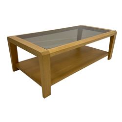 Rectangular light oak framed coffee table, glass inset top over under-tier