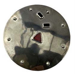 Modern silver pendant, of circular form with enamelled geometric decoration, hallmarked Jon Braganza, London 2014, D5cm