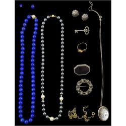 Haematite and pearl bead necklace, with 18ct gold clasp hallmarked, lapis lazuli bead necklace, with silver clasp and matching silver earrings, 15ct gold stone set ring, Chester 1886 and other silver jewellery