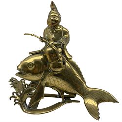 Japanese Meiji period bronze incense burner in the form Kinko riding a Carp, the figure seated a stride the fish with a bamboo staff, his robe with incised scroll decoration, L27cm x H25cm  