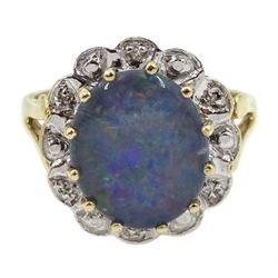 9ct gold opal triplet and diamond cluster ring, hallmarked