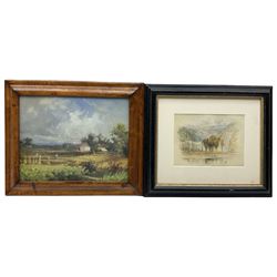 English School (early 20th century): Farm Landscape, oil on board unsigned 20cm x 25cm; English School (19th century): Abbey Ruins with Waterfall, watercolour unsigned 12cm x 17cm (2)