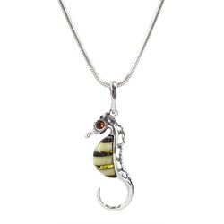 Silver Baltic amber seahorse pendant necklace, stamped 925 