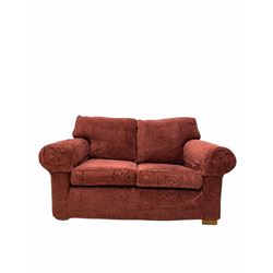 Multiyork - traditional two seat sofa upholstered in claret red fabric with geometric design, raised on block supports W150cm