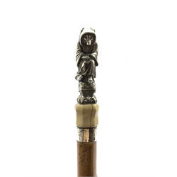 19th century Malacca walking cane, the white metal finial modelled as a Anthropomorphic Fox dressed as a Monk complete Cowl and rosary, signed W. Wolff. F. possibly after Wolff, Friedrich Wilhelm (German 1816-1887), the Malacca shaft with pierced with hole for wrist loop, white metal collar and ivory mounts, L88.5cm