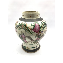 19th century Chinese crackle glazed vase and cover, of baluster form decorated with figures in battle, H40cm