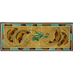 A set of framed tiles decorated with three stylized fish swimming amongst lily pads, 87cm x 34cm overall 