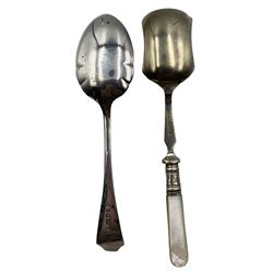 Two silver mounted cut glass bottles, Victorian silver teaspoon, set of three early 20th century silver teaspoons, silver sugar tongs etc 
