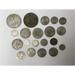 Queen Victoria 1887 crown coin, 1899 sixpence, 1901 one shilling, King Edward VII 1909 sixpence, King George VI 1937 crown and various other pre 1947 Great British silver coins