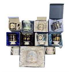 Group of Commemorative porcelain to include Royal Collection Trust loving cup commemorative the birth of HRH Prince George, three Coalport vases, Wedgwood mugs etc, all boxed