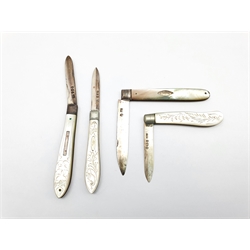 Early 19th Century silver bladed and mother of pearl fruit knife, another Sheffield 1898 and two others (4)