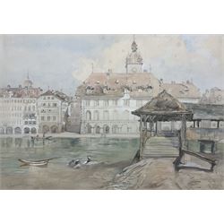 Edwin Moore (York 1813-1893): Townshall and Chapel Bridge - 'Lucerne', watercolour signed titled and dated 1850, labelled verso 30cm x 43cm