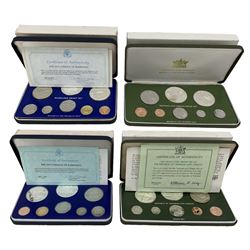 Two Trinidad and Tobago proof eight coin sets, dated 1975 and 1979, from one cent to ten dollars and two Barbados proof eight coin sets, dated 1975 and 1979, from one cent to ten dollars, all produced by The Franklin Mint, all cased, all but 1975 Trinidad and Tobago with certificates (4)