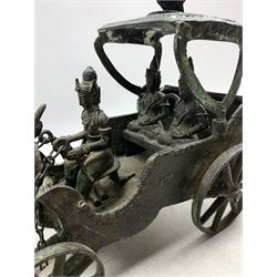 19th century Burmese bronze model of a wedding carriage, the front formed as a dragons head, drawn by two horses and with three figures L37cm and a Chinese bronze figure on horse back (2) 