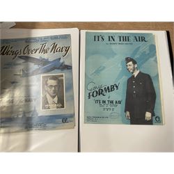 An album of Victorian and later sheet music covers mainly relating to early aircraft including Four Songs of the Air Service, Going up Lancers, Amy Johnson, Bravo Jim, It's in the Air and others (approx 20, some later printed copies) Provenance: From the Estate of a Local private collector
