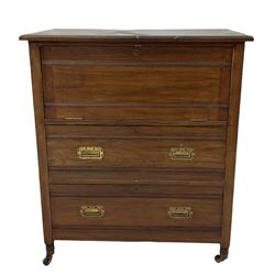 19th century ash campaign secretaire, the fall front cupboard over two drawers, raised on turned supports, terminating in ceramic castors 