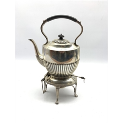 Silver oval spirit kettle with half body reeded decoration and presentation inscription on Adam design stand with spirit heater and on paw feet H36cm Sheffield 1910 Maker Joseph Rodgers approx 46oz