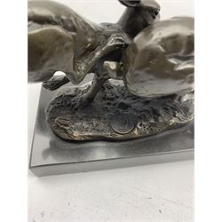 Bronze figure group, modelled as two hares in chase, signed 'Nick' and with foundry mark, upon a rectangular polished marble plinth, overall H12cm x L12.5cm