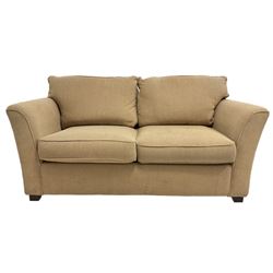 Two seat metal action sofa bed, upholstered in beige fabric