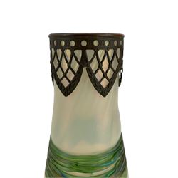 Art Nouveau iridescent glass vase, probably Loetz, of tapering form with applied trailed glass waist, H22cm, Art Nouveau iridescent footed glass vase and an Art Deco frosted glass vase, of globular form with geometric moulded design, H22cm (3)