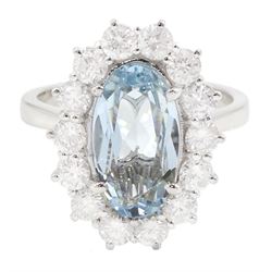 18ct white gold oval aquamarine and round brilliant cut diamond cluster ring, hallmarked, aquamarine 2.80 carat, total diamond weight approx 1.20 carat