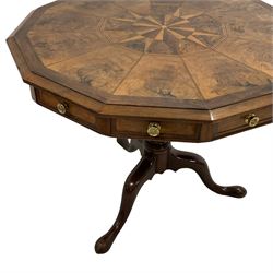 18th century mahogany and inlaid walnut centre tripod table, the dodecagon tilt-top inlaid with a central star motif surrounded by walnut panels and band, fitted with two drawers and ten false drawers, on turned pedestal with three splayed supports with pad feet