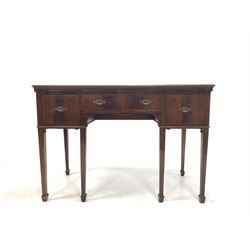 Edwardian inlaid mahogany kneehole side table, fitted with three drawers, raised on square tapered supports with peg feet 122cm x 58cm, D84cm