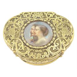Mid 19th century continental gold box of lobed design with chased scroll and foliate decoration, the hinged cover inset with a circular miniature portrait of Napoleon III and Empress Eugenie signed 'Passot' 8.5cm x 6.5cm x 2cm. The box is not marked but tests as 18ct. Napoleon III (1808-1873) was Emperor from 1852 to 1870 and thereafter lived in exile in England. Napoleon and his wife Eugenie are buried in Hampshire.
An historically important example of a gold box with enamel and diamonds by Marital Bernard inset with a portrait of Napoleon III by Passot was sold by Dreweatts Auctioneers in 2008 for £18500