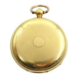Victorian 18ct gold open face lever fusee pocket watch by M. Starkey and dated 19.2.39, balance cock with diamond endstone, the gilt dial depicting landscape with bridge and folly, Roman numerals, engine turned case by Charles Muston, London 1838