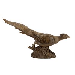 Mouseman - carved oak Pheasant, in a running pose with carved mouse signature, by the workshop of Robert Thompson, Kilburn
