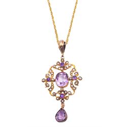 Edwardian 9ct gold amethyst and split pearl pendant, on later 9ct gold chain necklace, hallmarked