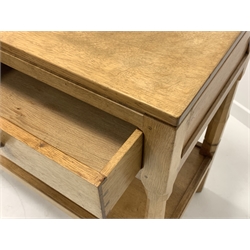 'Squirrelman' Yorkshire oak serving table, adzed top over two drawers, octagonal turned supports united by under tier, W107cm, H94cm, D51cm